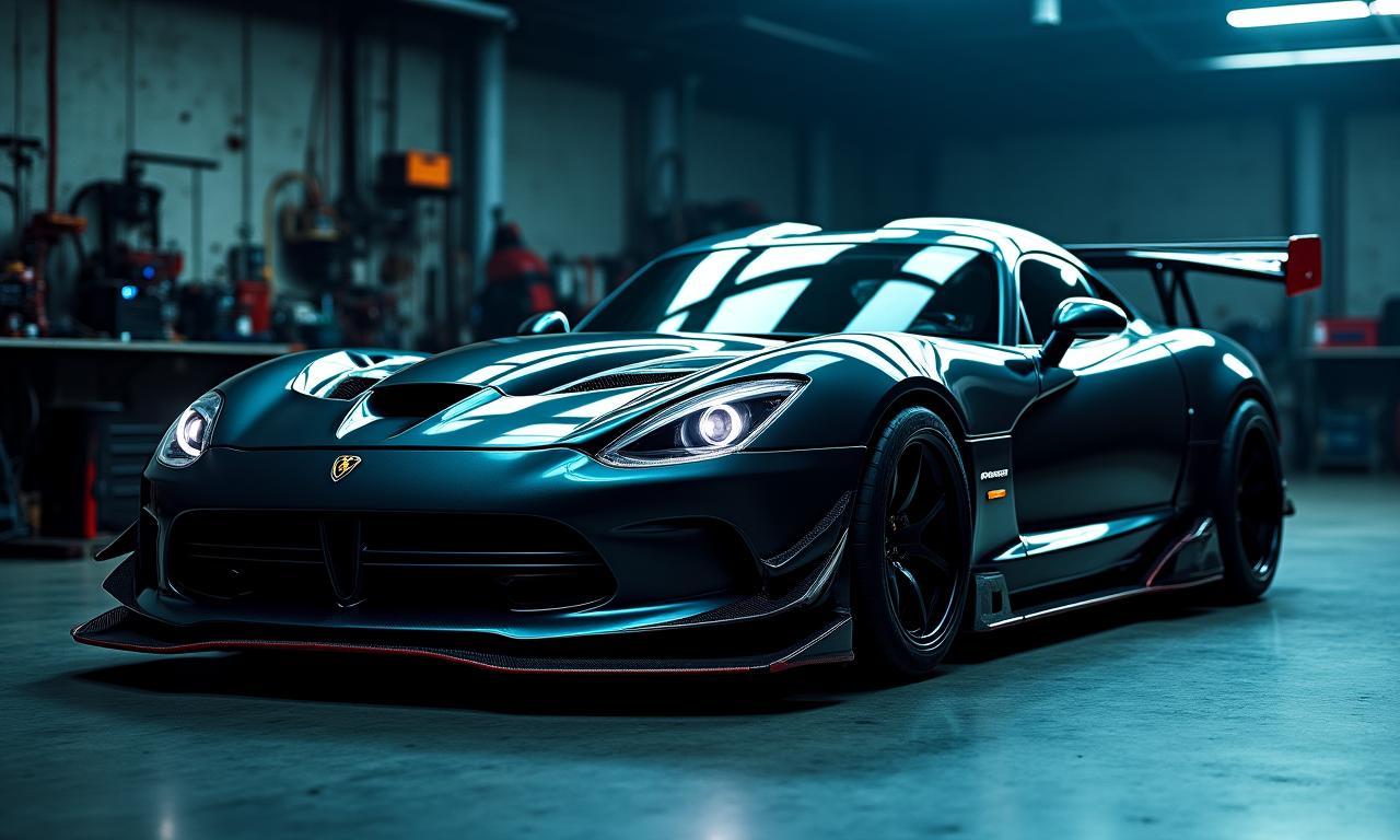 Voiture de sport modifiée dans un atelier sombre de Carve & Cadence